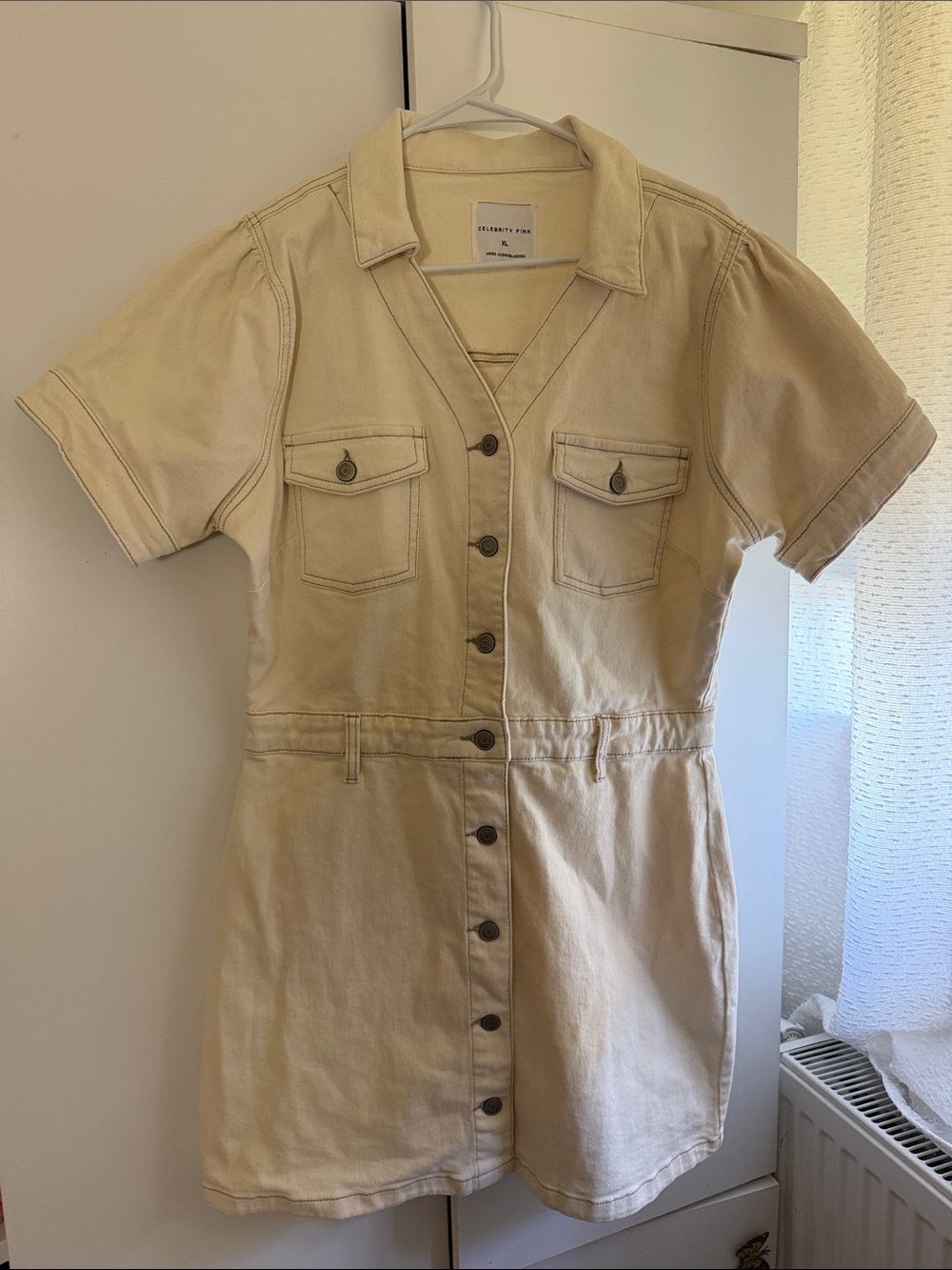 Cream Button-Front Utility Dress